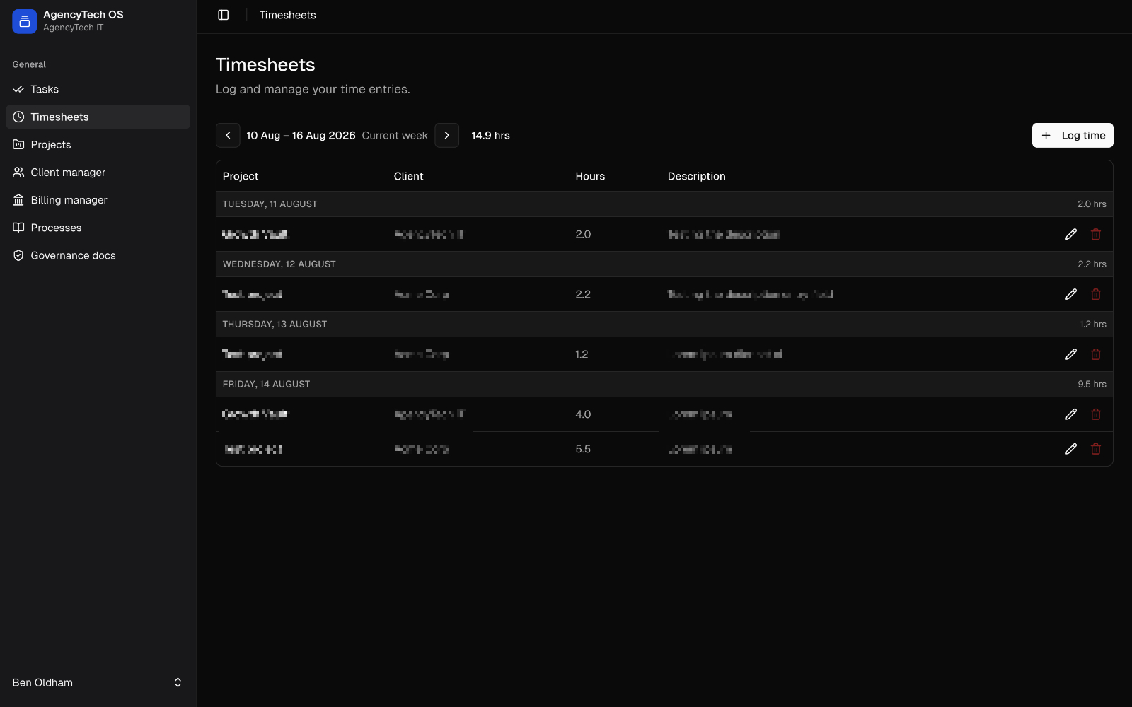 Screenshot of timesheets page